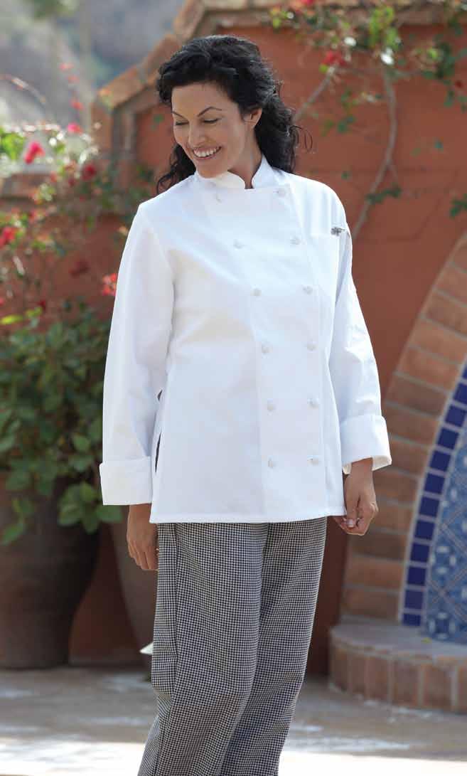>Navona for women 100% premium cotton twill - 7.5 oz. Specifically styled for women, this executive level chef coat with 12 cloth-covered buttons provides women with an expert fit every time.