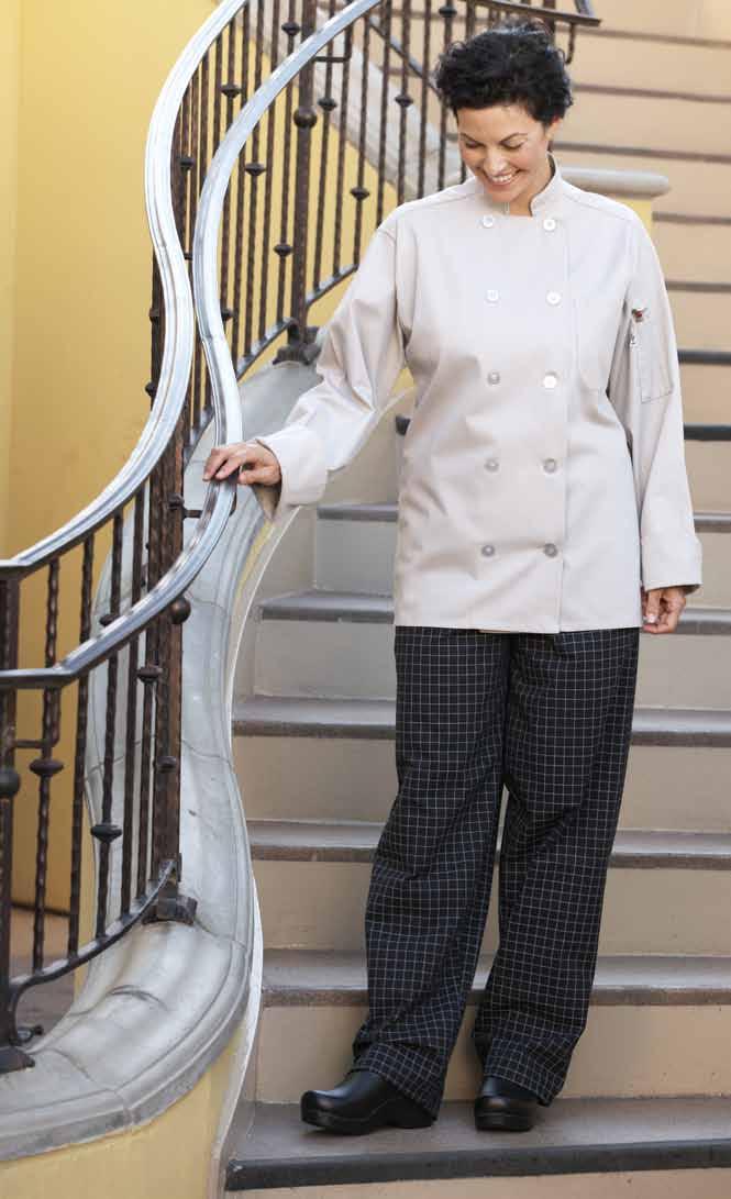 >Yarn Dyed Baggy Chef Pant Easy-care 65/35 poly cotton twill - 7 oz. New and improved with an open leg for a more modern look, these incredible chef pants are made with our exclusive yarn dyed fabric.