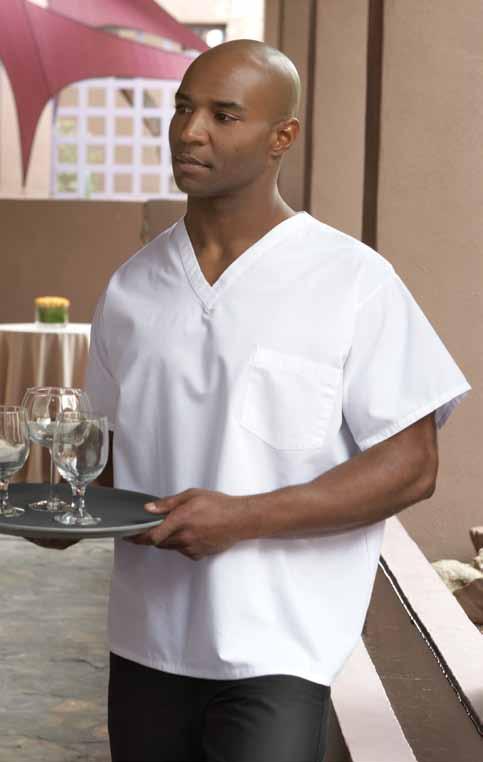 >V-Neck utility Shirt Easy-care 65/35 poly cotton poplin - 5.25 oz. Our basic V-Neck shirt is easy-care and made to withstand everyday kitchen wear. Cut for a generous fit.