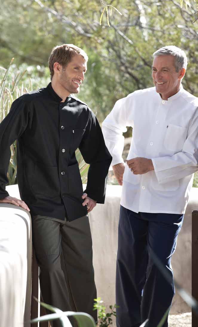 <Single-Breasted Server Coat Easy-care 65/35 poly cotton twill - 7.5 oz. Simple yet sophisticated, our singlebreasted server coat easily transitions from the kitchen to the front of the house.