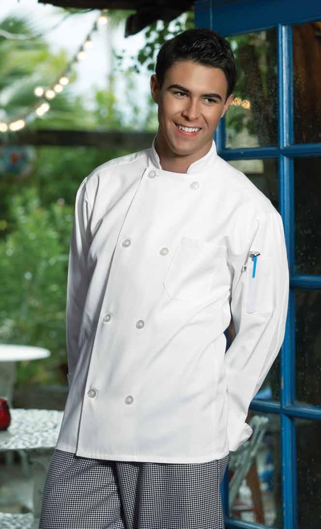 <The Uncommon Chef Coat Easy-care 65/35 poly cotton twill - 7.5 oz. There s nothing basic about this basic coat.