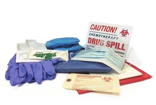 Each kit contains: Nitrile Chemotherapy Gloves (Quantity: 2 Pairs) Full-Face Safety Shield Chemotherapy Gown Green-Z Solidifier (21g Pouch) Scoop & Scraper Wiper Pads (Quantity: 2) Mercury Spill Kit