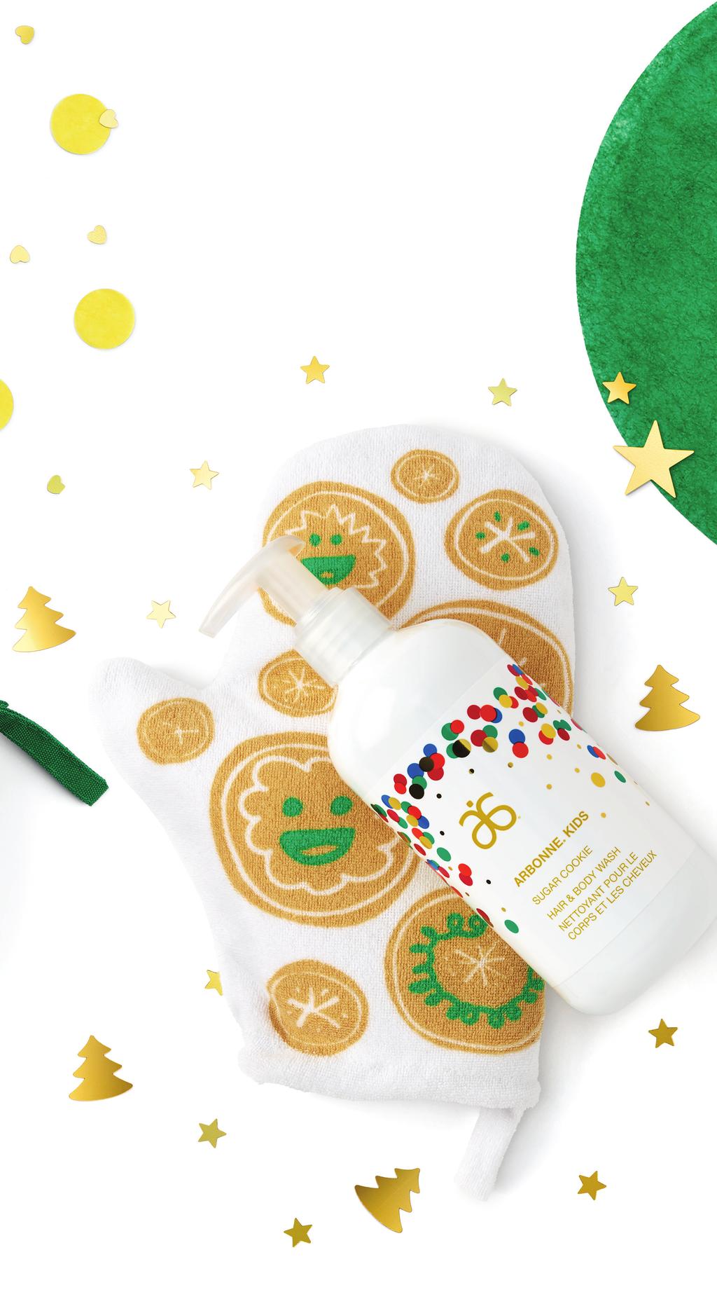 Arbonne Kids Sugar Cookie Bath Time Gift Set This double duty Hair & Body Wash features notes of toasted sugar, nutmeg and caramel to make bath time smell like a batch of freshly baked sugar cookies.