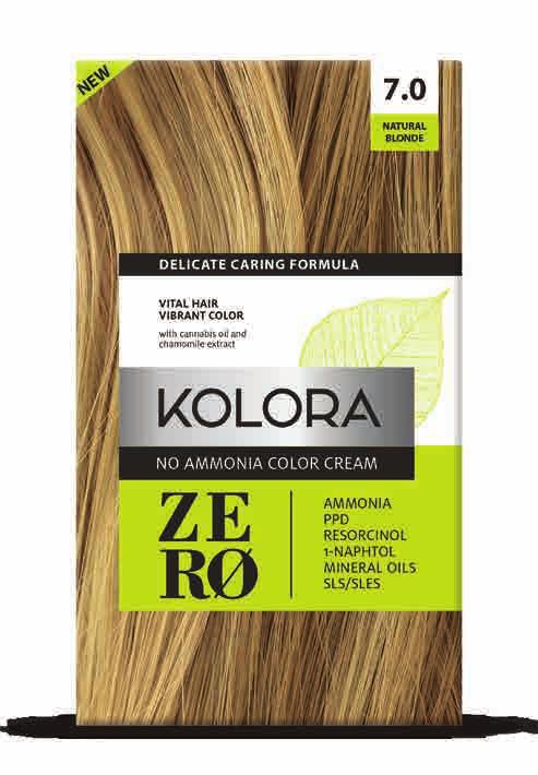 Enriched with natural cannabis and jojoba oils, wheat proteins and plant extracts of henna, chamomile and walnut, KOLORA ZERO gently colors the hair, while keeping the hair