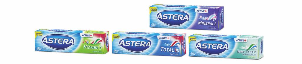 Cleans, protects & freshens ACTIVE+ Astera Active+ toothpastes are developed to satisfy customers demands and needs in the widest spread, 100 ml each.