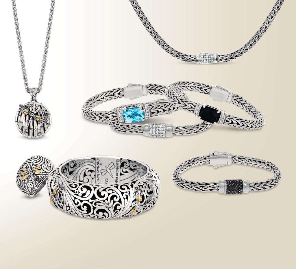 A A. Sterling silver dragonfly pendant, $282. Sterling silver dragonfly ring, $136. Sterling silver dragonfly bangle bracelet, $994. Sterling silver and white sapphire pavé necklace 18, $650.