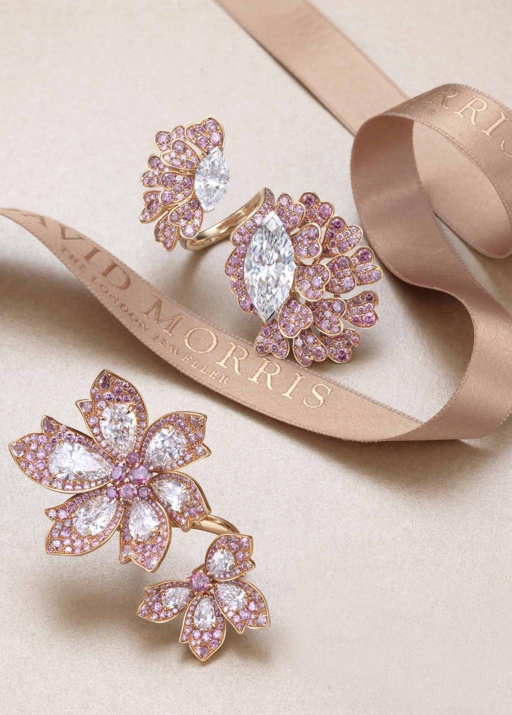 (Bottom) Fancy Pink Diamond Palm Ring With Brilliant And Pear Shaped White Diamonds in 18K white and rose gold;