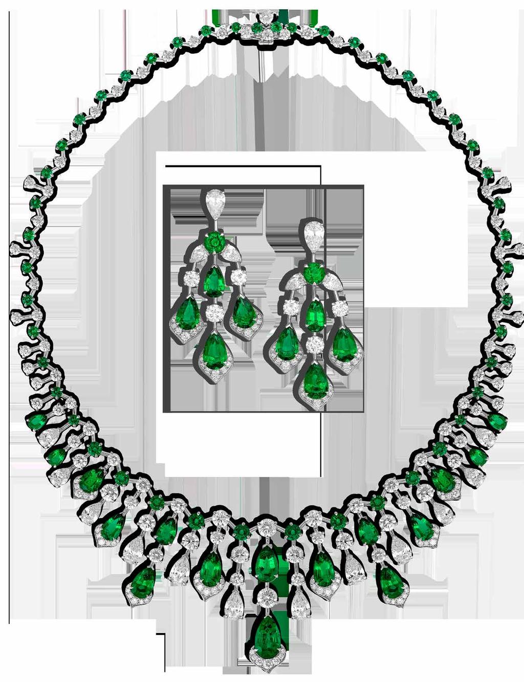 Pear Shape Emerald (19.47cts) And Round Brilliant Diamond (22.83cts) Fringe Necklace in 18K white gold, with matching Pear Shape Emerald (10.03cts) And Round Brilliant Cut Diamond (5.
