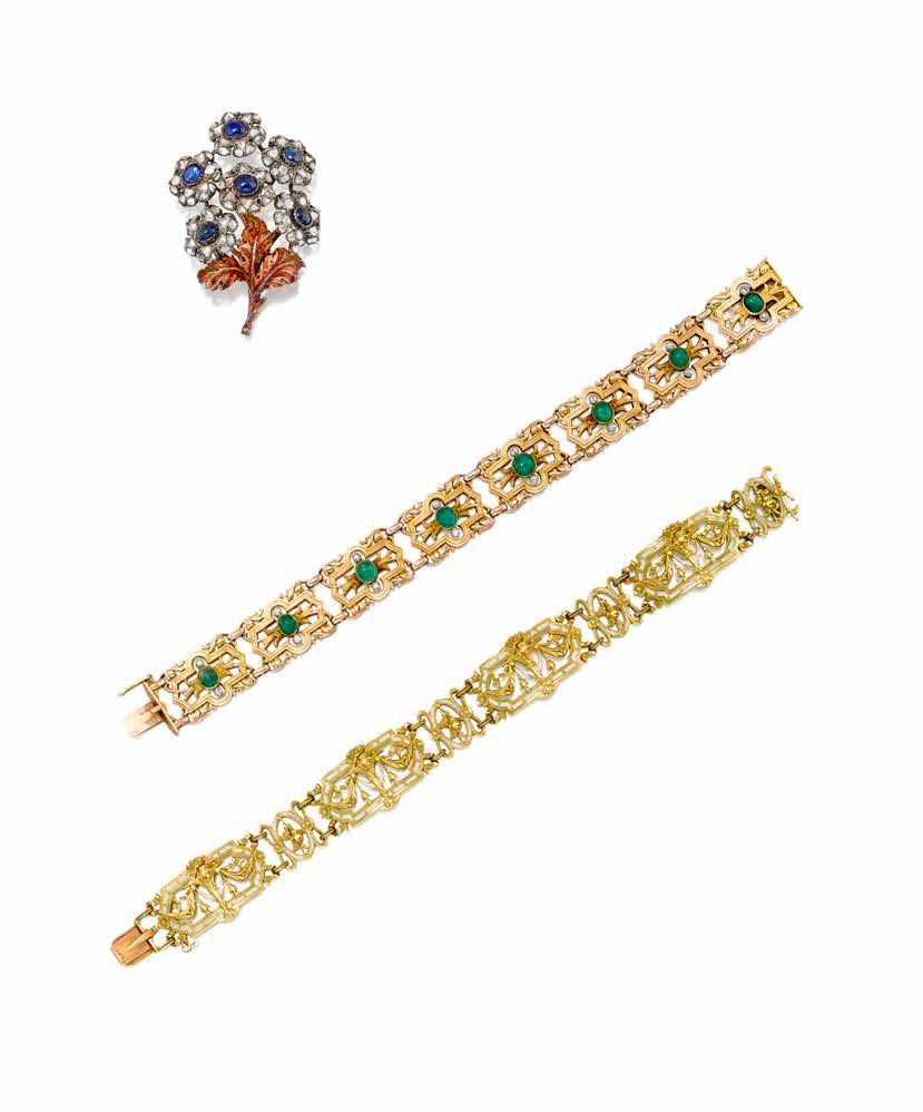 28 29 30 29 AN EMERALD AND DIAMOND BRACELET, CIRCA 1900 each panel centering a cabochon emerald, flanked by old mine-cut diamonds, within an openwork decorative gold frame; mounted in bi-color 18k