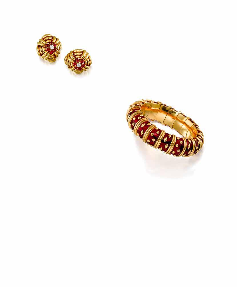 45 46 45 A PAIR OF 18K GOLD, DIAMOND AND RUBY EAR CLIPS, TIFFANY & CO.