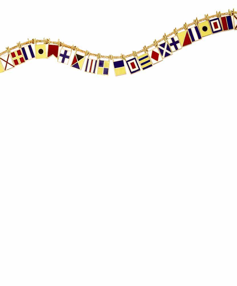 56 53 AN 18K GOLD AND ENAMEL NECKLACE, CARVIN FRENCH designed as an alphabetical code necklace, composed of an articulated line of forty-five enameled flags; with maker s mark, two flags inscribed