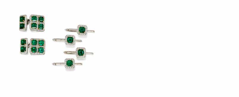 03 carats; surrounded by a circular frame of single-cut diamonds; mounted in 14k gold; size 7 1/4 $12,000-15,000 PROPERTY OF ANOTHER OWNER 73 73 A DIAMOND, EMERALD AND GREEN STONE STRAP BRACELET,