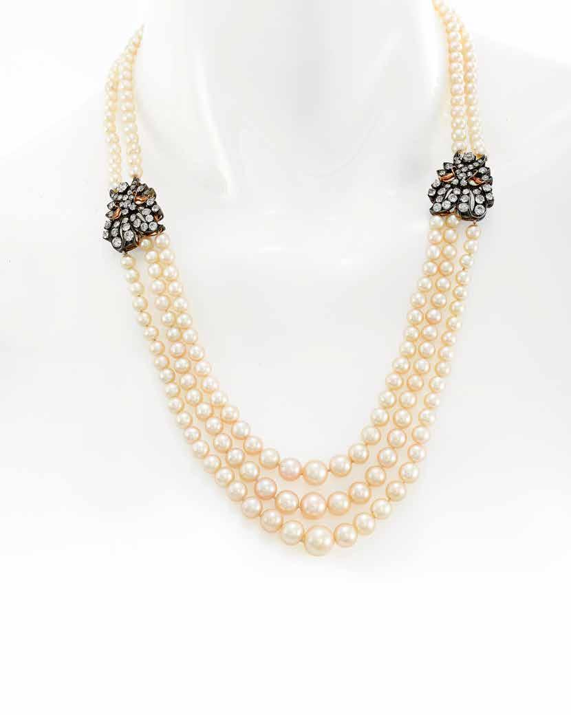 107 AN IMPORTANT NATURAL PEARL AND DIAMOND NECKLACE the multi-strand necklace of nested design, composed of graduated natural pearls, measuring approximately 9.7 to 3.