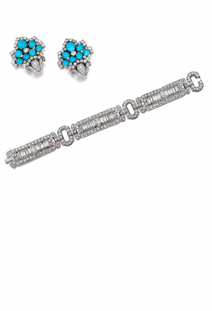 18 19 18 A PAIR OF TURQUOISE AND DIAMOND EAR CLIPS designed as a stylized bouquet, centering oval-shaped turquoise cabochons, enhanced with baguette-cut and round brilliant-cut diamonds; estimated