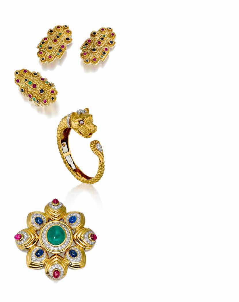 44 44 AN 18K GOLD AND GEM-SET 'BYZANTINE" RING AND EAR CLIPS, ILIAS LALAOUNIS, GREECE comprising a ring designed as a textured wide gold band, enhanced with circular-cut rubies, emeralds and