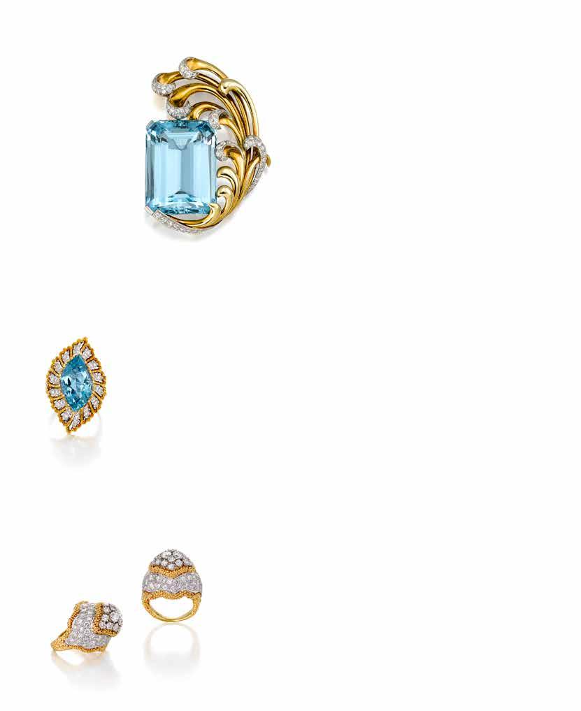 63 A RETRO AQUAMARINE AND DIAMOND BROOCH centrally set with a cut-cornered rectangular step-cut aquamarine, weighing approximately 58.