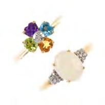 To include a peridot, blue topaz, amethyst, citrine and diamond quatrefoil ring, together with an opal and