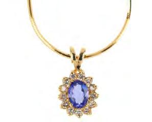 The ovalshape purple-blue gem, within a brilliant-cut diamond surround, suspended from a bifurcated surmount and