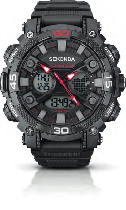 WATCHES SAVE 40 ON RRP SEKONDA DIGITAL ANALOGUE CHRONOGRAPH GENTS WATCH Contrasting black, grey and red make this a timepiece that