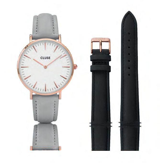 With a 38 mm case, rose gold is matched with soft grey for a feminine