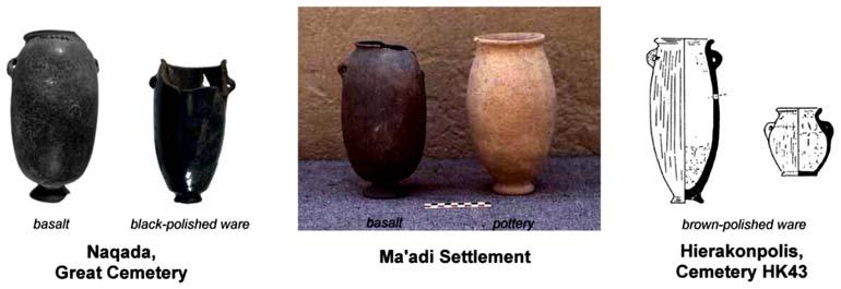 13 Figure 2. Imports and imitations of Ma adian basalt vessels in Upper-Egypt a group of three White Cross-Lined bowls with geometrical decorations. This grave is easy to date in Naqada Ia.
