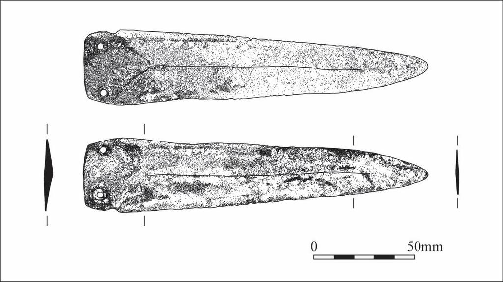 blade is roughly triangular in shape and it has a trapezoid butt with two small rivet holes. The organic hilt and copper-alloy rivets are missing.