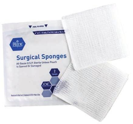 E. GAUZES AND SPONGES E. Sterile Gauze Pads Sterile, highly absorbent gauze pads. Individually packed in convenient peel down pouches. F. G. Sterile H.