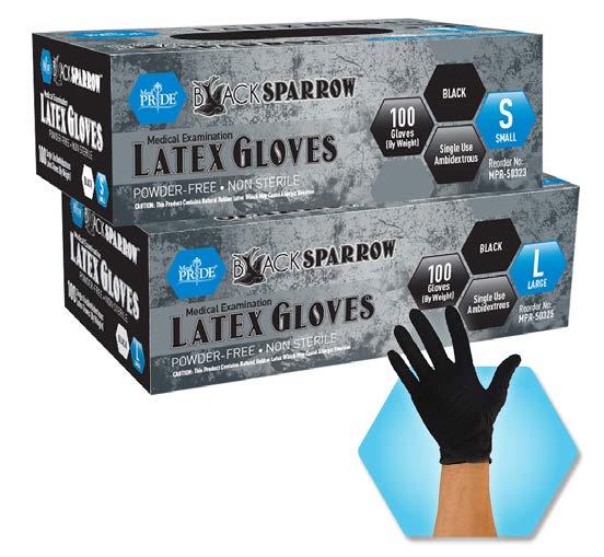 MEDICAL EXAMINATION GLOVES A. Black Sparrow Black Latex Medical Examination Gloves Comfortable, black, latex examination glove with textured fingertips and a thicker material for extra protection.