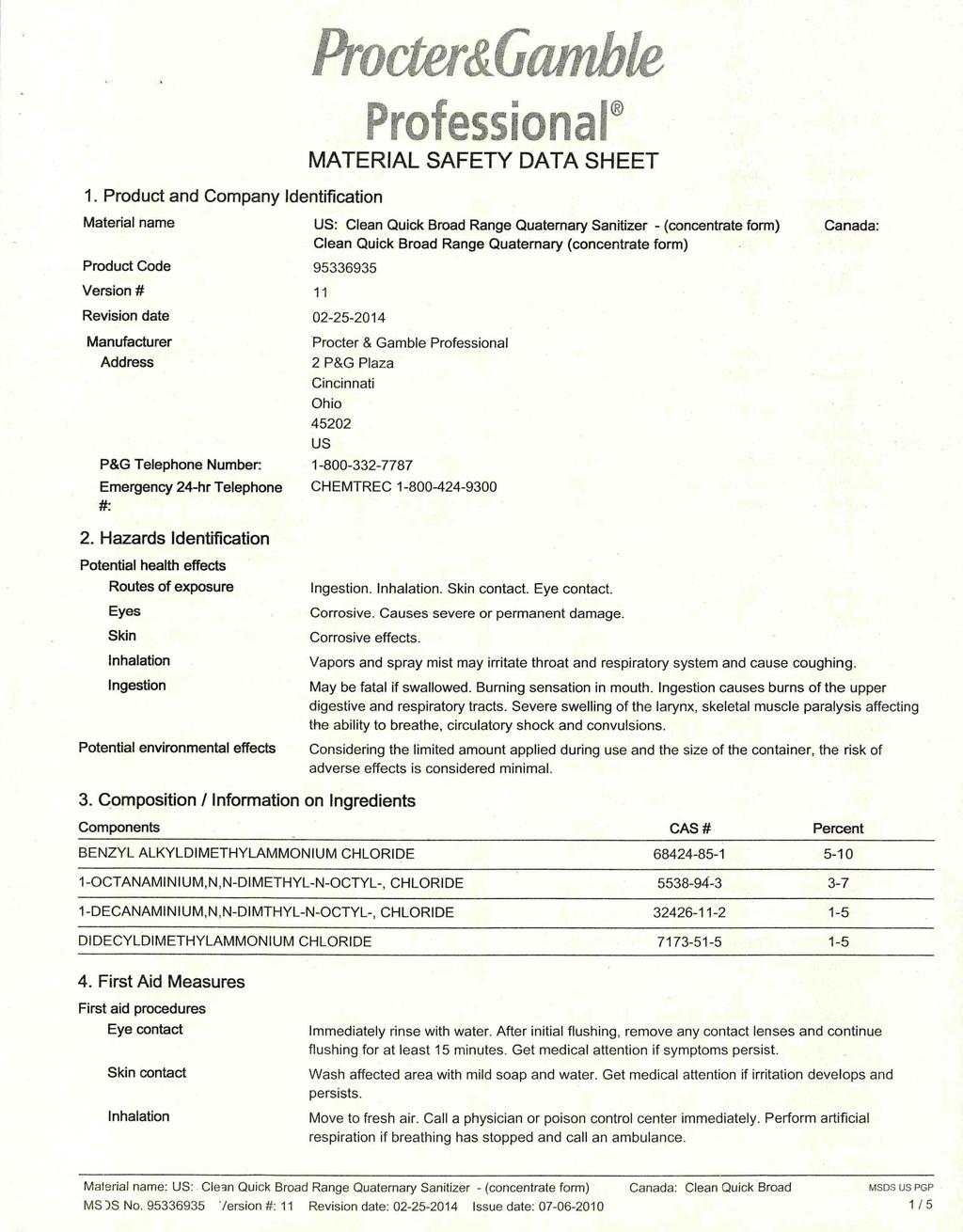 Procter&Gamble Professional MATERIAL SAFETY DATA SHEET 1.
