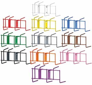 environments and are not effected by bleaches and most acids & solvents. PVC coating is colour-coded to indicate at a glance the correct colour brushes to be stored on this rack.