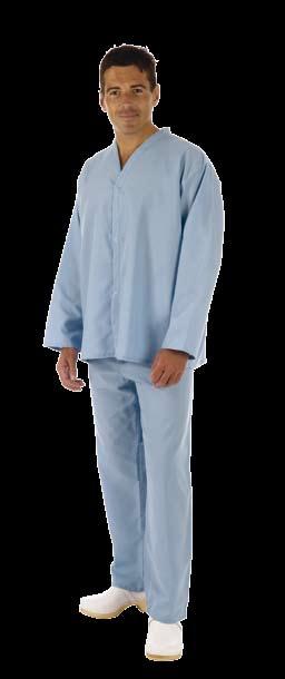 Retardant polyester. All seams are twin needle sewn. The jacket features a collarless neck, long sleeves and is press stud fastened. The trousers are draw-tape fastened, with a fly.