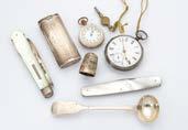 mother of pearl pocket knife, a mother of pearl example, a silver pill case, a silver mustard spoon, a silver thimble and a watch