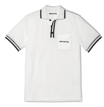 1 2 3 1 MEN S BASIC POLO SHIRT, AMG White. 100% cotton. Black stripes on button band, collar and cuffs. 3-button neck. Black AMG logo print on breast pocket and in nape. Sizes S XXL.