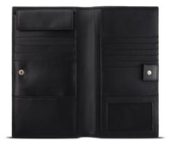 1 2 1 BUSINESS WALLET Black Italian calfskin. 2 note sections, 1 coin compartment, space for at least 8 credit cards. Star logo stud. Size approx. 12.5 10 2 cm.