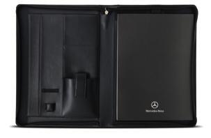 TRAVEL 3 4 5 3 BUSINESS DOCUMENT WALLET Black Italian calfskin. With zip fastening. Inside features space for business cards, pens and USB stick on left, and A4 note pad with logo on right.