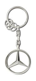 With snap hook and robust chain links. Solid circular fob featuring star logo on black background.