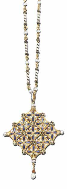 16 17 15 15 A GOLD, ENAMEL AND GEM-SET NECKLACE, BY CARLO GIULIANO, 1863-95 The pierced quatrefoil pendant rendered in blue, white and black enamel diverse motifs, the front applied with additional