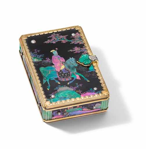 48 (actual size) 48 AN ART DECO LAQUE BURGAUTÉ AND GEM-SET COMPACT, BY CARTIER, CIRCA 1925 Rectangular, each side set with a black lacquer panel with an inlaid design employing shaped iridescent