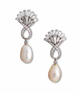 0cm, cased 20,000-30,000 US$31,000-46,000 63 A PAIR OF NATURAL PEARL AND DIAMOND PENDENT EARRINGS, BY BOUCHERON, CIRCA 1950 The drop-shaped natural pearls, measuring approximately 10.25 by 9.
