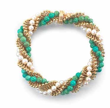 69 69 A CULTURED PEARL AND TURQUOISE TWIST BRACELET, BY VAN CLEEF & ARPELS, CIRCA 1965 Designed as twisted strands of cultured pearls and turquoise beads, intertwined with a flexible mesh rope,