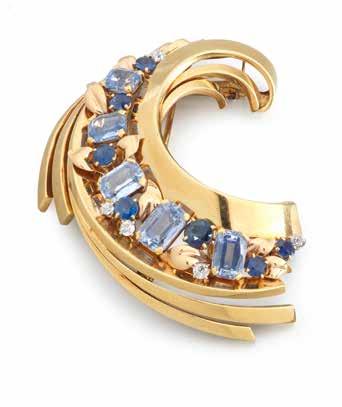 90 91 90 A SAPPHIRE AND DIAMOND BROOCH, BY VAN CLEEF & ARPELS, CIRCA 1950 Of polished crescent-shaped sections with a central scroll of graduated step and circular-cut sapphires, old brilliant-cut