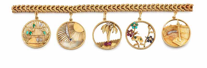 93 94 93 A GEM-SET CHARM BRACELET, BY VAN CLEEF & ARPELS, CIRCA 1965 The fancy-link chain suspending five circular charms, variously depicting birds, a sailing boat, palm trees, flowers and