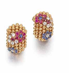 2cm, maker s case 15,000-20,000 US$23,000-31,000 94 A MID-20TH CENTURY SAPPHIRE, RUBY AND DIAMOND PELOUSE HAWAII RING AND EARCLIP SUITE, BY VAN CLEEF & ARPELS The bombé ring composed of polished