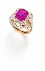 Report number 08578, dated 17 September 2013. 106 A RUBY AND DIAMOND RING The octagonal-cut ruby, weighing 5.23 carats, within a cluster surround of marquise-cut diamonds, diamonds approximately 3.