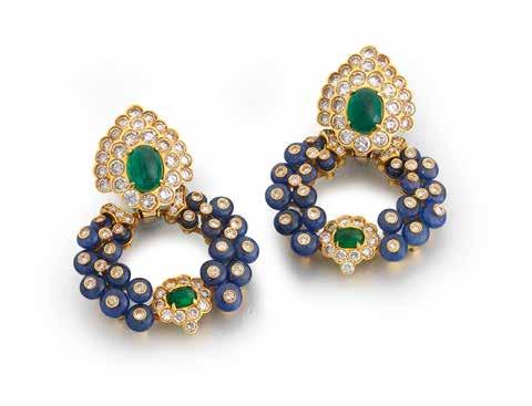 125 124 126 124 A PAIR OF EMERALD, SAPPHIRE AND DIAMOND PENDENT EARRINGS, BY GIOVANE Each pear-shaped surmount designed as a tiered cluster of brilliant-cut diamonds with a central cabochon emerald,