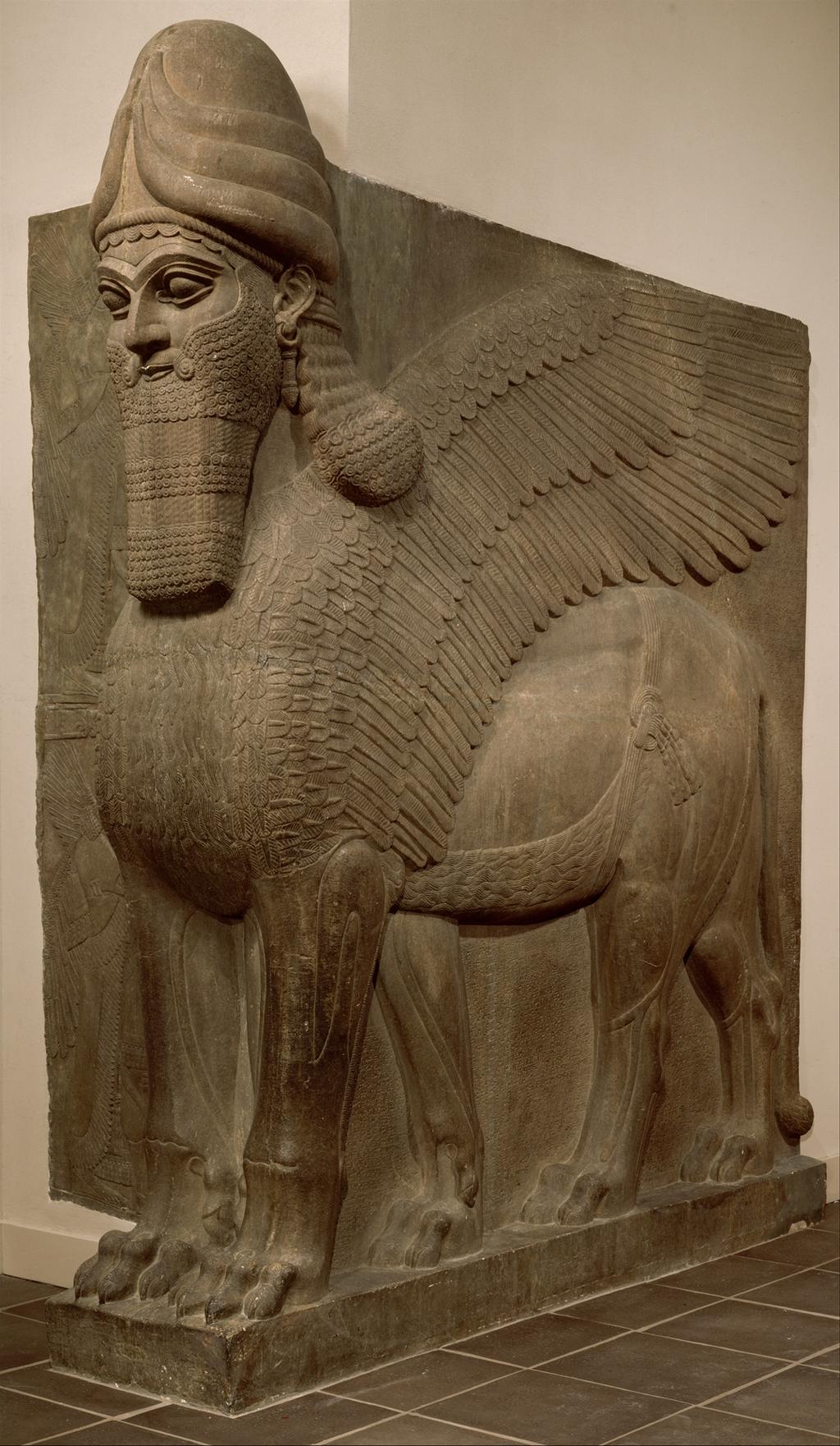 Human-headed winged bull and winged lion (lamassu) Period: Neo-Assyrian Date: ca. 883 859 B.C. Geography: Mesopotamia, Nimrud (ancient Kalhu) Culture: Assyrian Medium: Gypsum alabaster Dimensions: H.