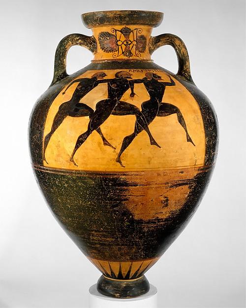 Terracotta Panathenaic prize amphora (jar) Signed by Nikias as potter Attributed to Sikelos as painter Period: Archaic Date: ca. 560 550 B.C.