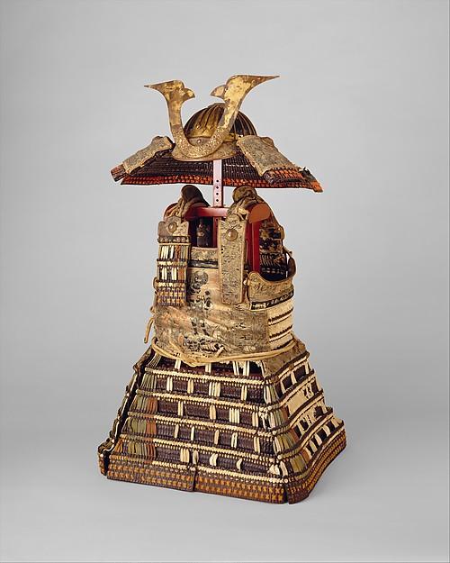 Armor (Yoroi) Date: early 14th century Culture: Japanese Medium: Iron, lacquer, leather, silk, gilt copper Dimensions: H. 37 1/2 in. (95.3 cm); W. 22 in. (55.9 cm); Wt. 25 lb. 15 oz. (11.
