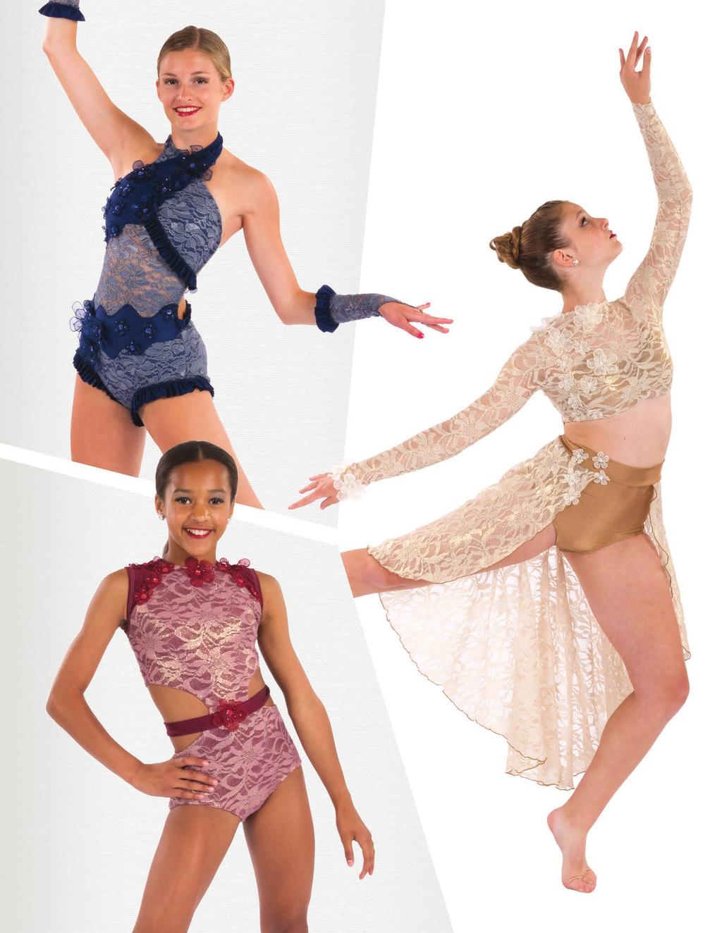 81458 LEOTARD, HAIR, MITTS (OPT) Shown: Navy Lace Colors: Navy, Burg, Ivory 81457 TOP, SKIRT Shown:
