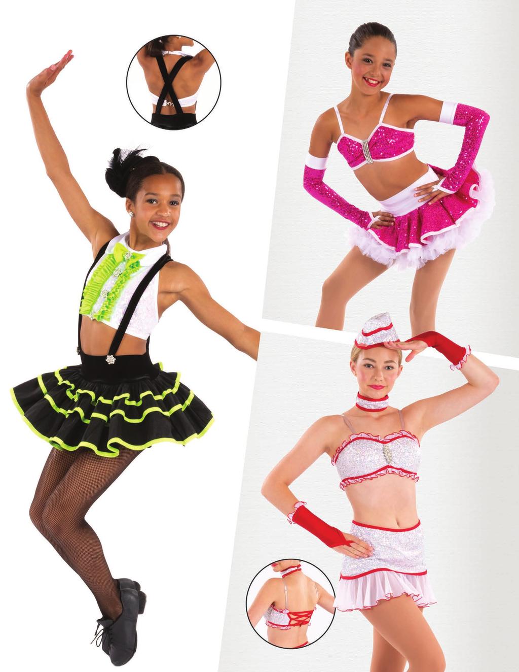 81547 TOP, SKIRT, MITTS & HAIR (OPT) Accent is white or black Shown: Hot Pink/White 81542 TOP, SKIRT, HAT (OPT) Black & white stay same Colors: Lime, Hot Pink,